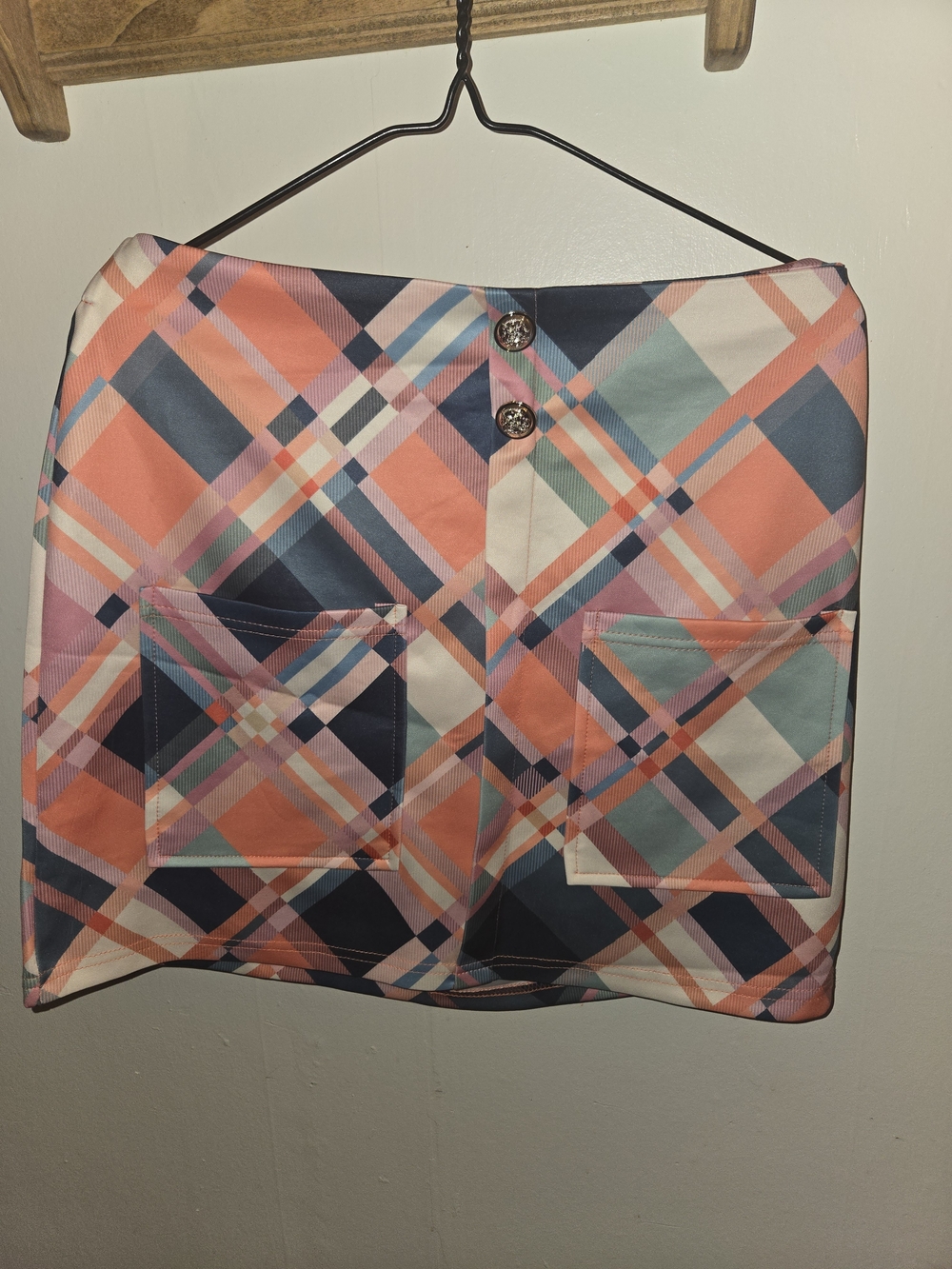 Plaid Mini Skirt with Front Pockets - Coral Multi